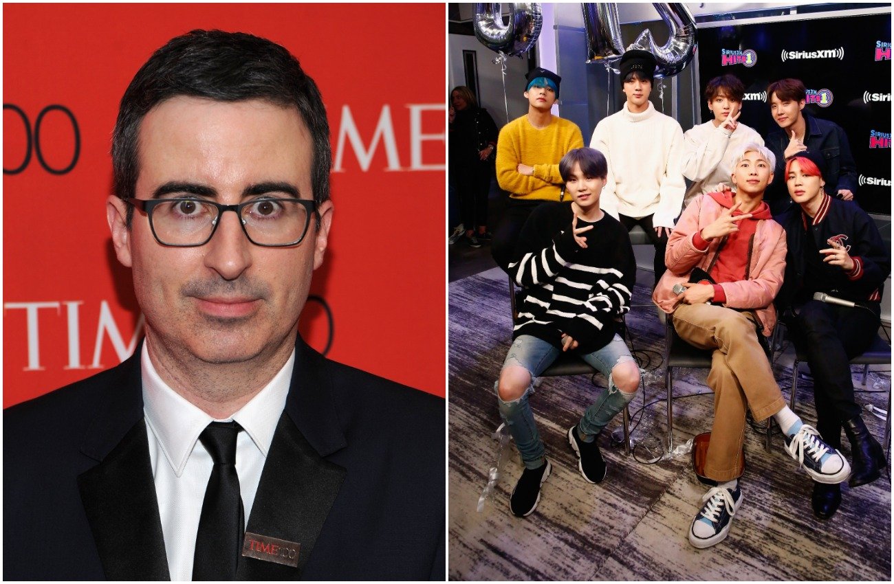Pictures of John Oliver and BTS side by side