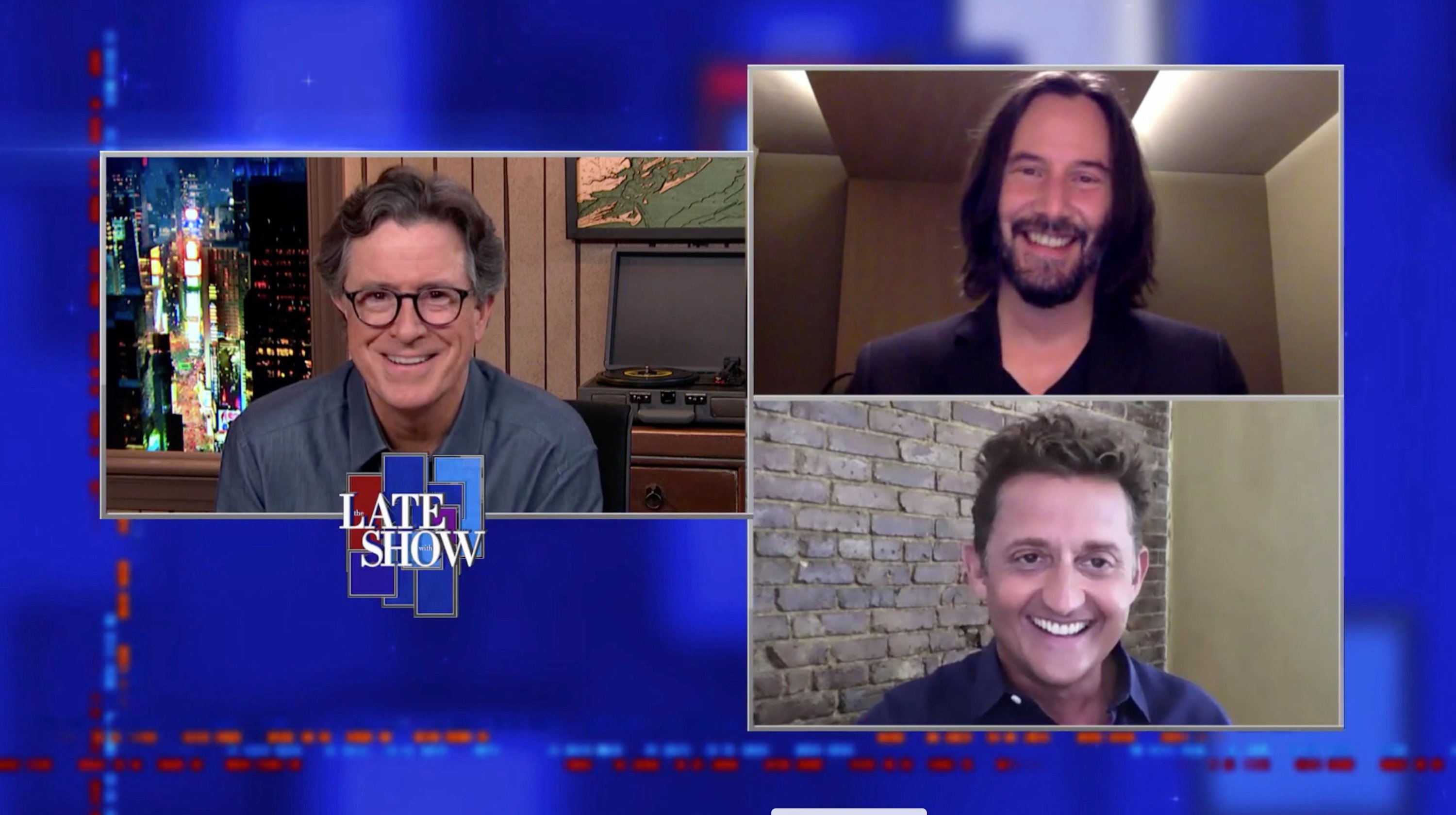 Bill and Ted stars Keanu Reeevs and Alex Winter Zoom on Colbert