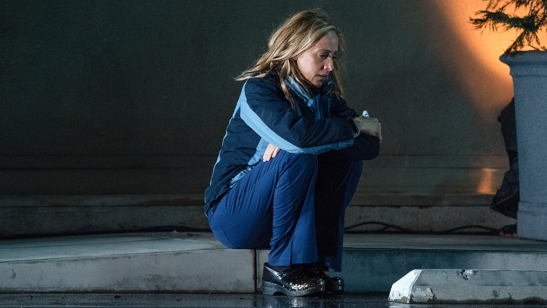 Kim Raver as Teddy Altman breaking down after Andrew DeLuca’s (Giacomo Gianniotti) memorial service on ‘Grey’s Anatomy’ Season 17 Episode 8.