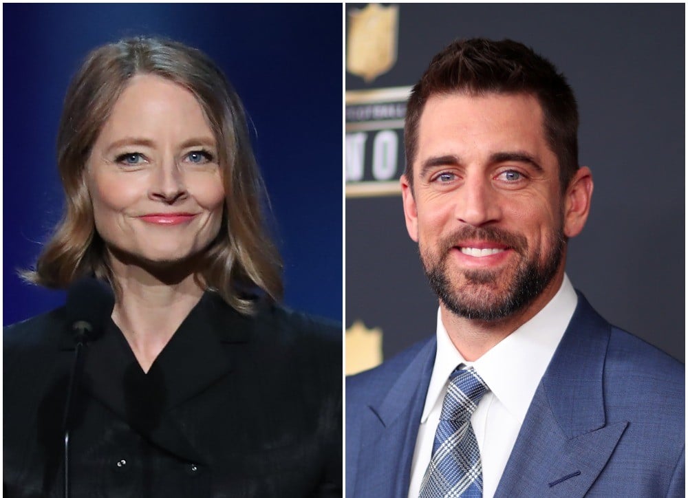 (L) Jodie Foster onstage at American Film Institute Life Achievement Award Gala, (R) Aaron Rodgers on red carpet for NFL honors