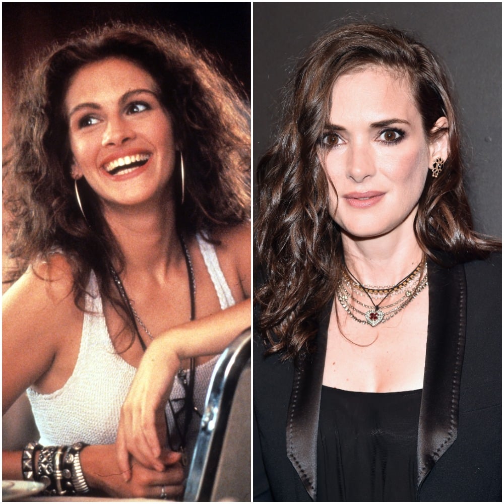 (L) Julia Roberts pictured in white tank top and smiling during Pretty Woman scene (R) Actor Winona Ryder dressed in black at premiere for Stranger Things