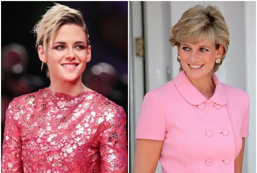 (L): Kristen Stewart in a shimmering gown on the red carpet at the Venice Film Festival, (R): Princess Diana Princess Diana dressed in pink suit in Argentina