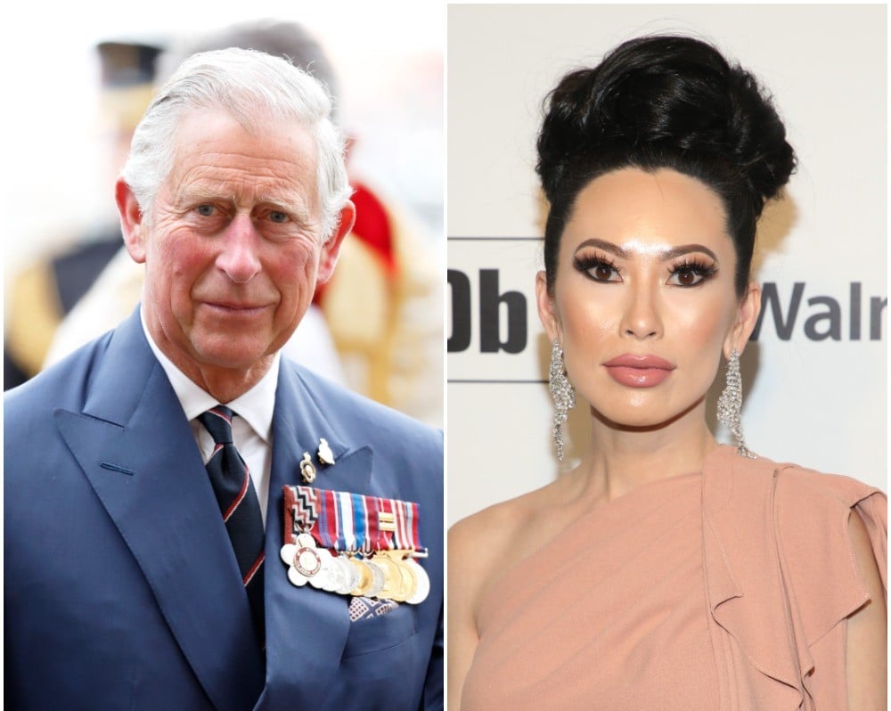 (L) Prince Charles Prince Charles attends a Service of Thanksgiving to mark the Anniversary of VE Day, (R) Christine Chiu on the red carpet at the 28th Annual Elton John AIDS Foundation Academy Awards Viewing Party