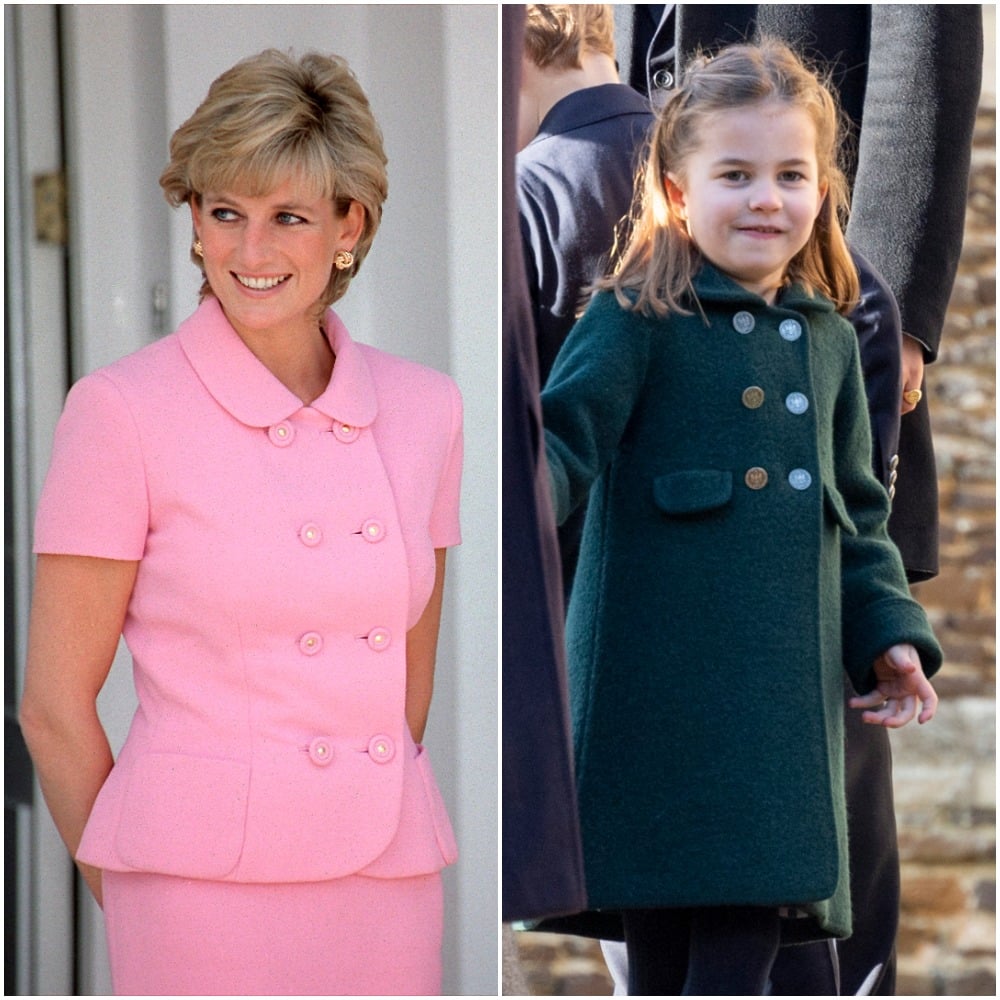 (L): Princess Diana dressed in a pink outfit in Argentina, (R): Princess Charlotte in a green coat and smiling as she attends church on Christmas Day with her familye