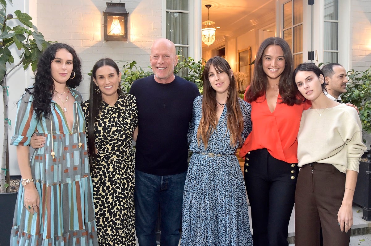 (L-R) Rumer Willis, Demi Moore, Bruce Willis, Scout Willis, Emma Heming Willis, and Tallulah Willis pose for photo at Demi Moore's 'Inside Out' book party