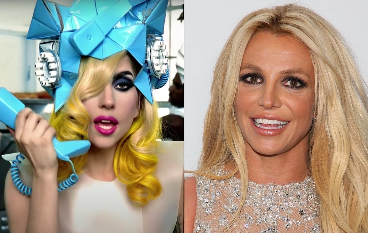 Lady Gaga in a blue headdress and white dress in the 'Telephone' music video (L), and Britney Spears smiling in a sparkling silver dress (R) | YouTube/JB Lacroix/WireImage