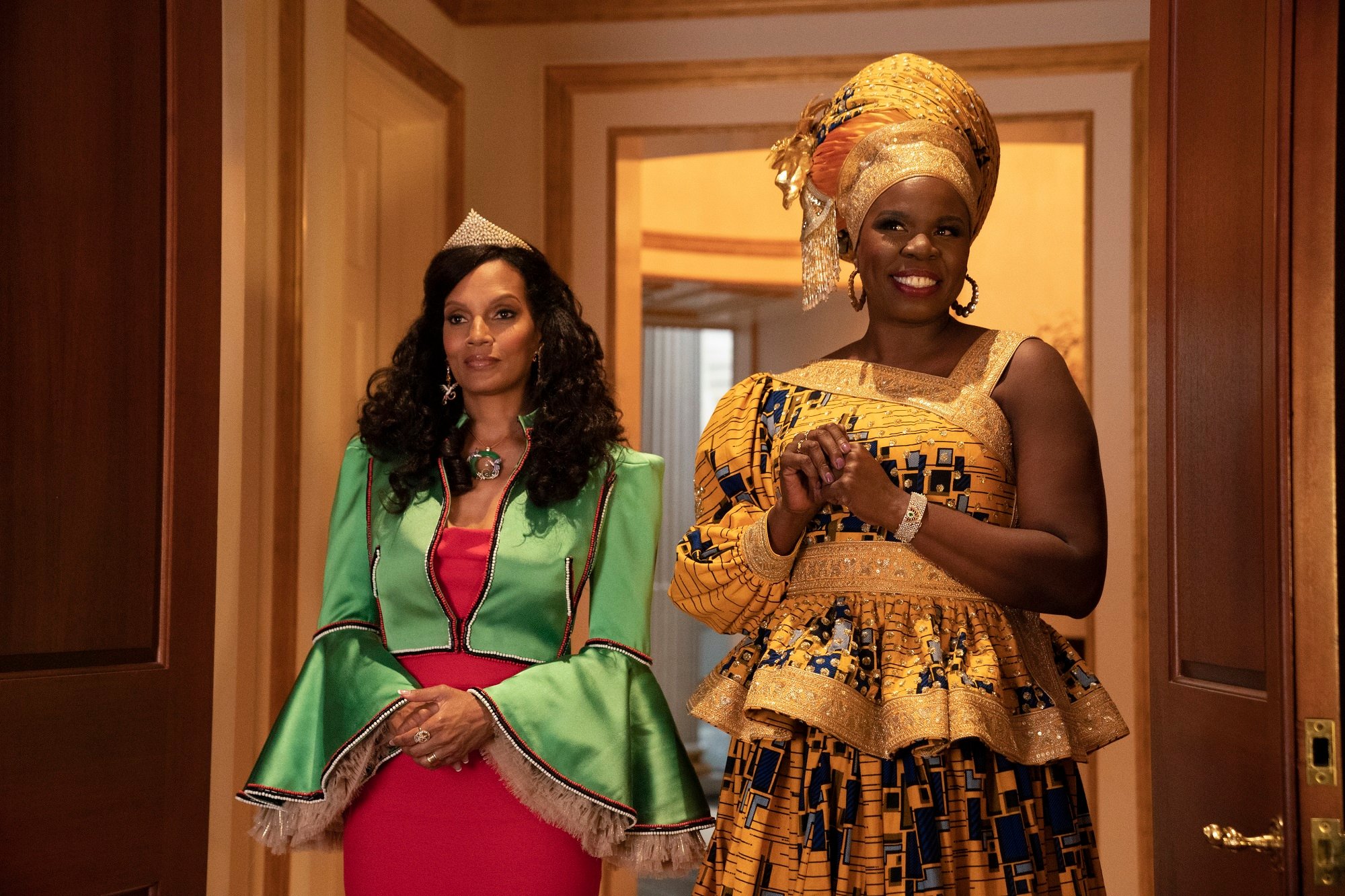 Leslie Jones and Shari Headley wearing African garb