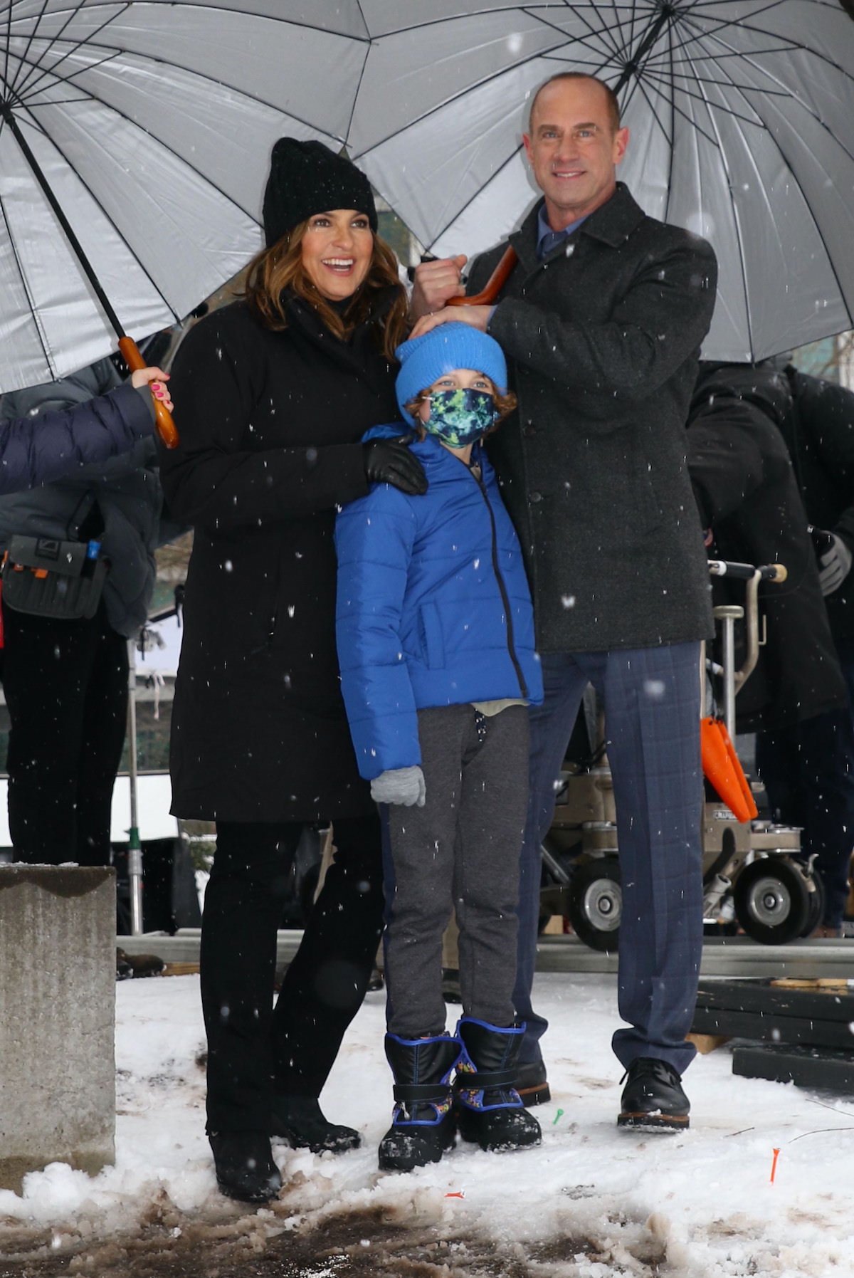 Mariska Hargitay, Ryan Buggle, and Christopher Meloni on the set of 'Law and Order: Organized Crime'