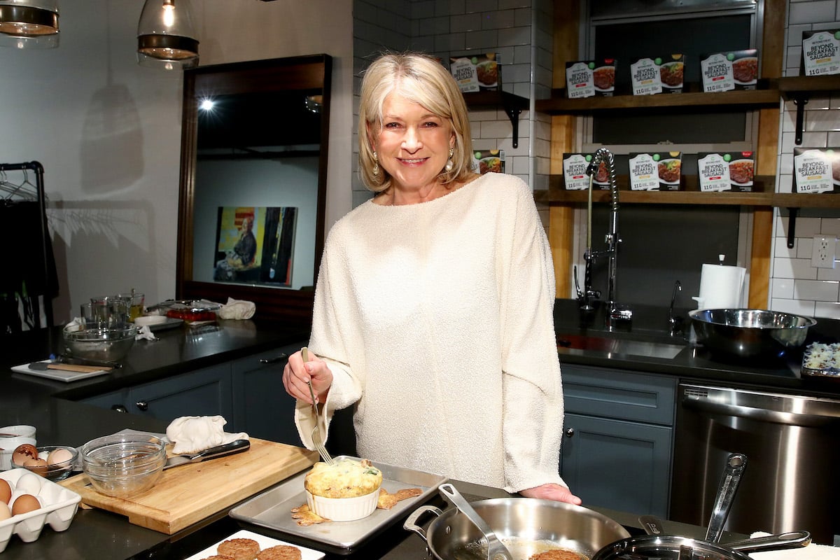 Martha Stewart prepares the Classic Beyond Breakfast Sausage with Spinach and Sweet Onion Frittata on March 10, 2020 in New York City