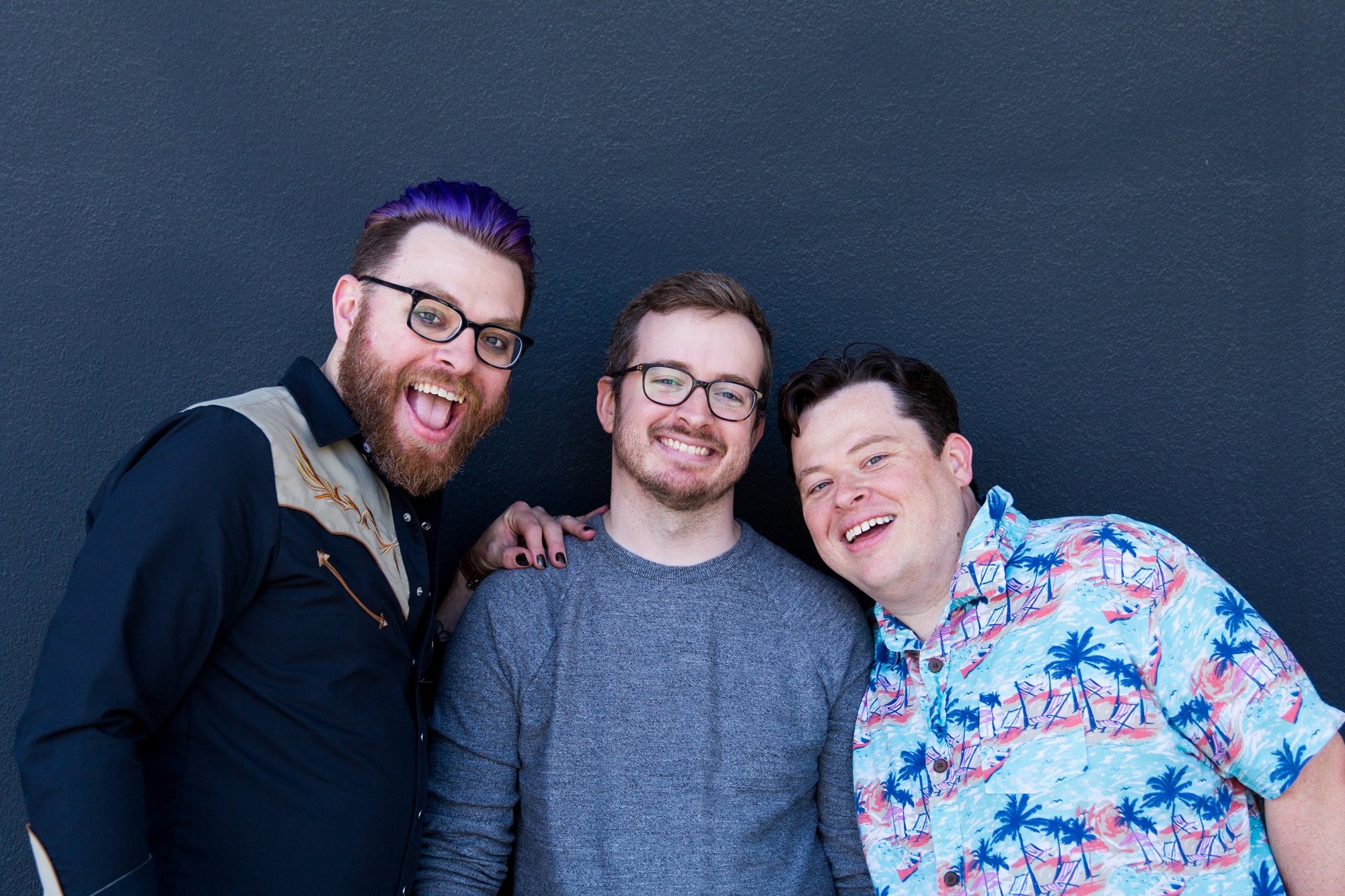 Travis McElroy, Griffin McElroy, and Justin McElroy pose for a portrait photofor a