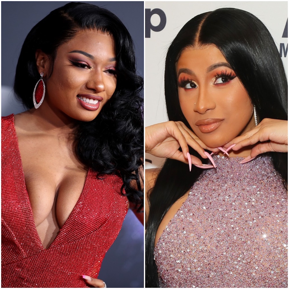 Megan Thee Stallion in a red dress and Cardi B in a pink outfit