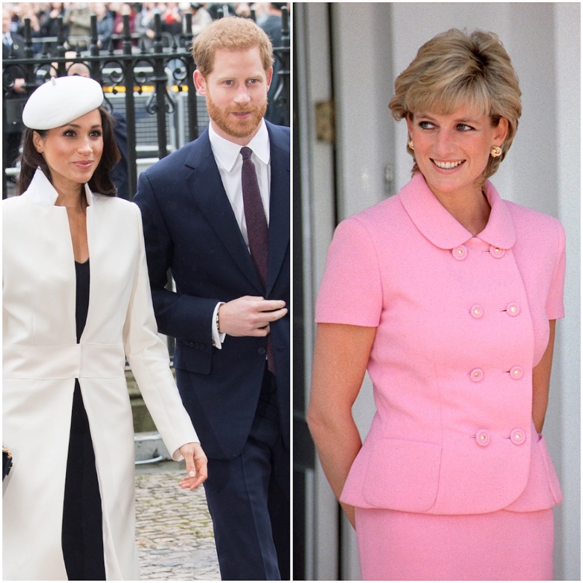 (L-R) Meghan Markle and Prince Harry arrive at the 2018 Commonwealth Day service; Princess Diana smiles as she poses for photographers in Argentina