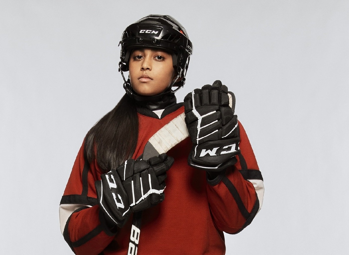 Mighty Ducks Game Changers star Sway Bhatia in her hockey uniform