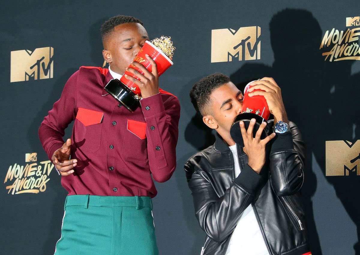 Actors Ashton Sanders and Jharrel Jerome, winners of Best Kiss for 'Moonlight,' pose in the press room during the 2017 MTV Movie & TV Awards at the Shrine Auditorium in Los Angeles, California, on May 7, 2017