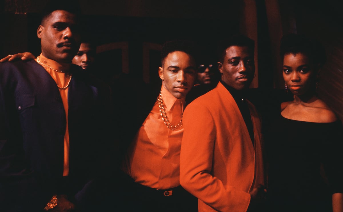 Bill Nunn, Allen Payne, Wesley Snipes, and Vanessa Williams on the set of their film 'New Jack City' directed by Mario Van Peebles