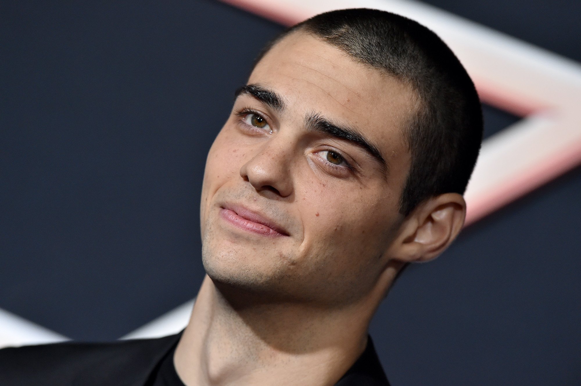 Noah Centineo smiling in front of a navy blue background