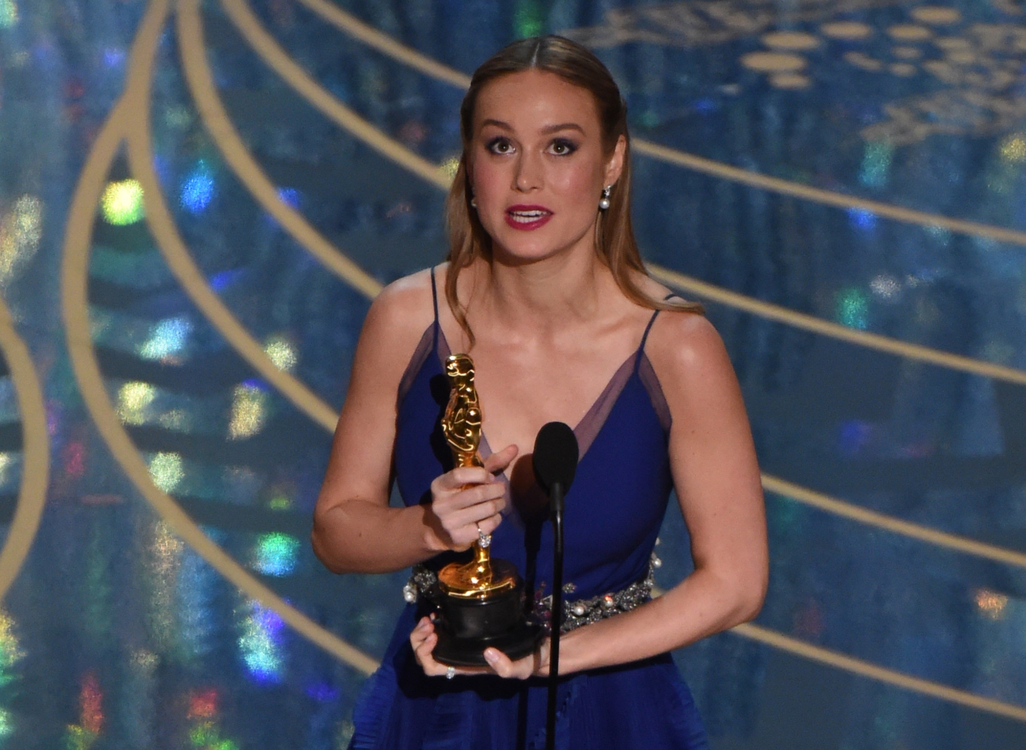 Oscar winner Brie Larson on stage accepting her award