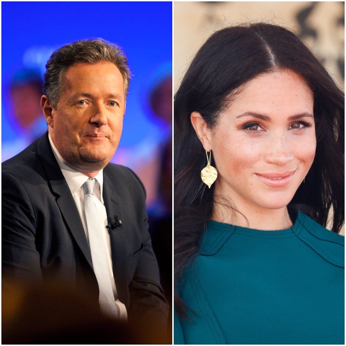 Piers Morgan speaking in New York, Meghan Markle smiling in green