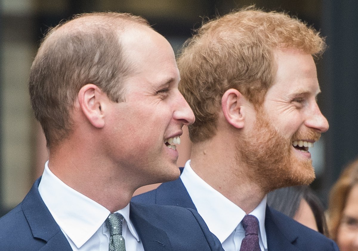 Prince William, Duke of Cambridge and Prince Harry both looking to the side and smiling