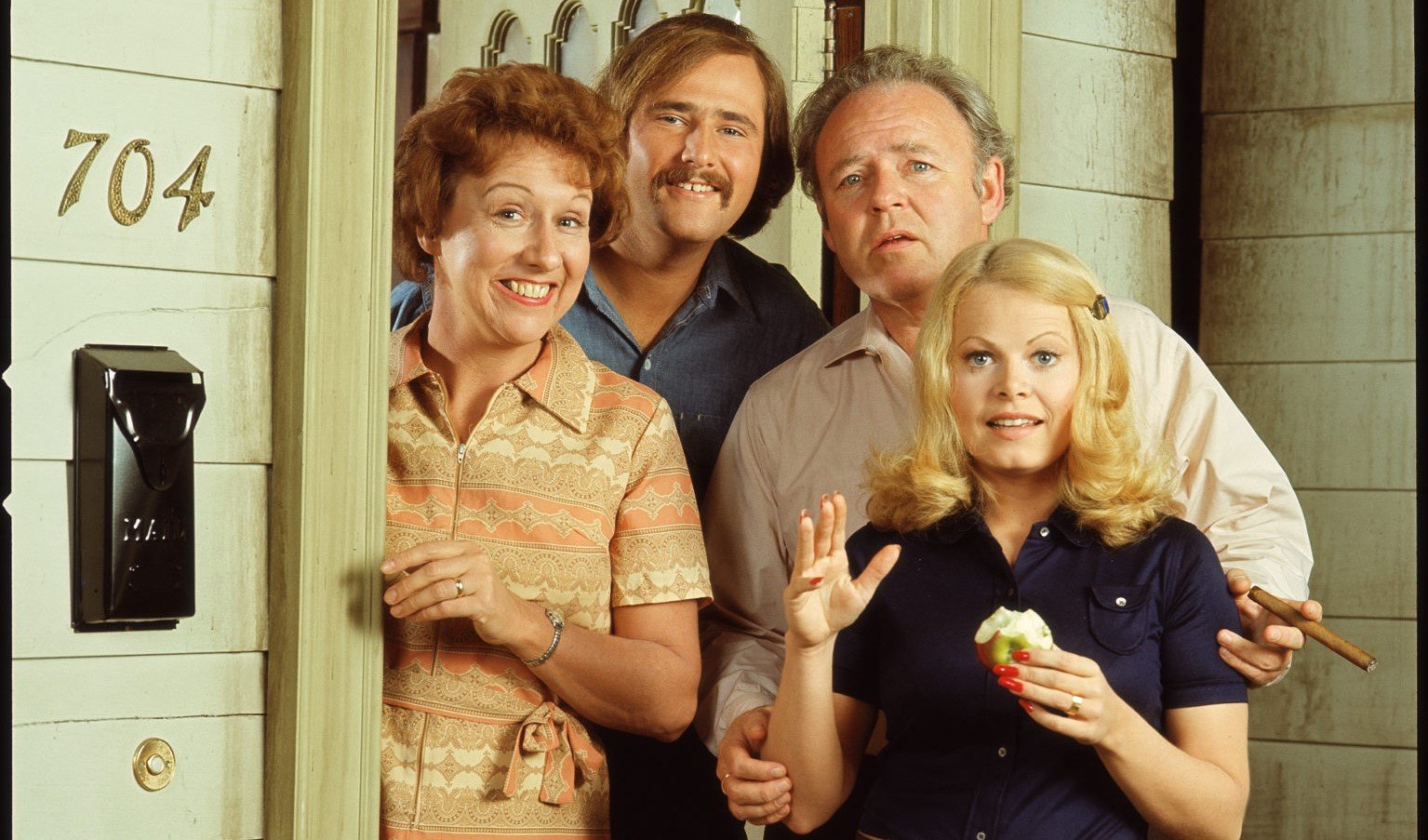 Promotional still shows the cast from the American television show 'All in the Family,'