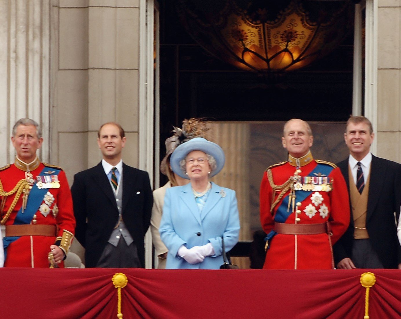 Queen Elizabeth on Buckingham Palace balcony with her husband Prince Philip and their sons Prince Charles, Prince Edward, and Prince Andrew