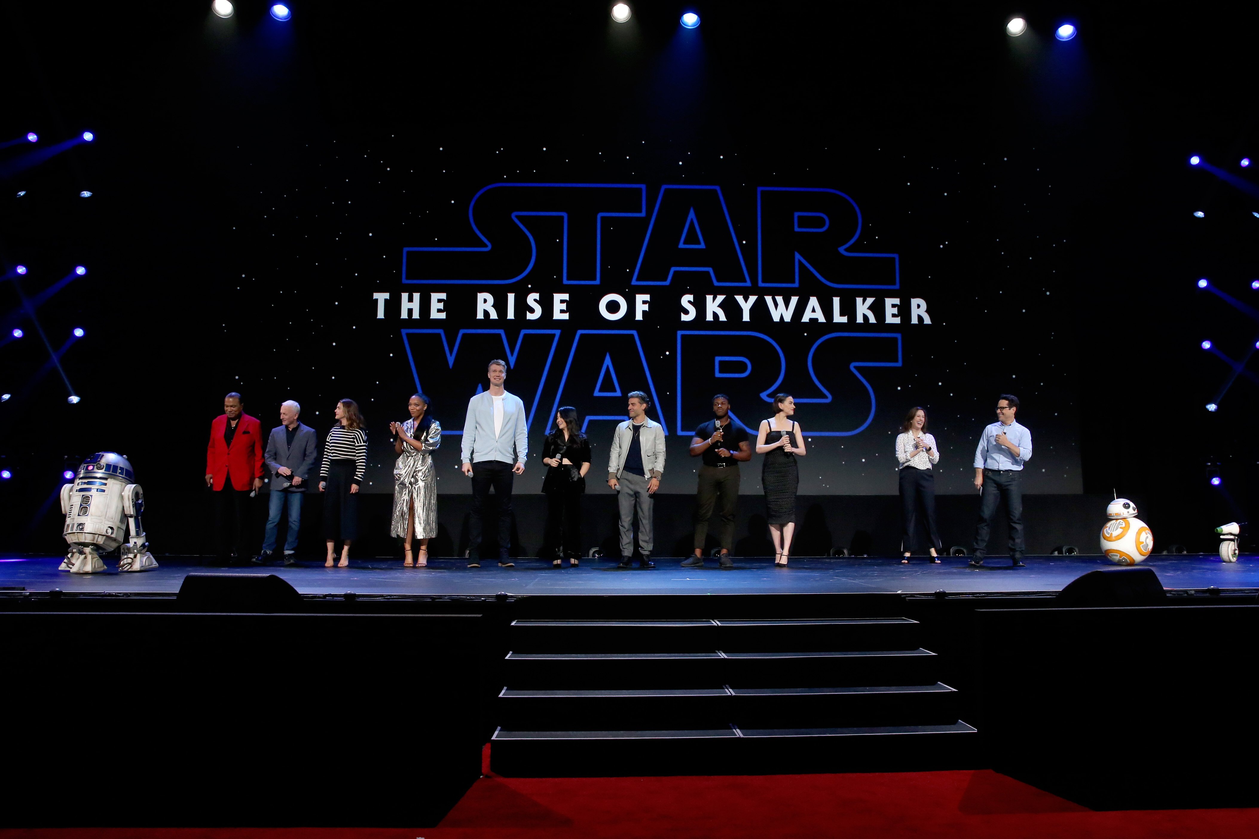 Billy Dee Williams, Anthony Daniels, Keri Russell, Naomi Ackie, Joonas Suotamo, Kelly Marie Tran, Oscar Isaac, John Boyega, Daisy Ridley, Producer Kathleen Kennedy, and J.J. Abrams of 'Star Wars: The Rise of Skywalker'