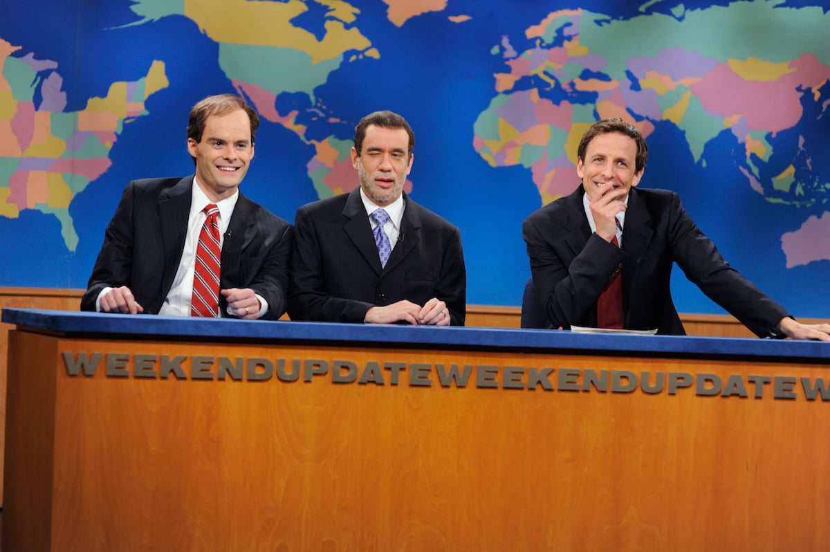 Bill Hader as Eliot Spitzer, Fred Armisen as David Paterson, Seth Meyers during the "Weekend Update" skit on May 9, 2009