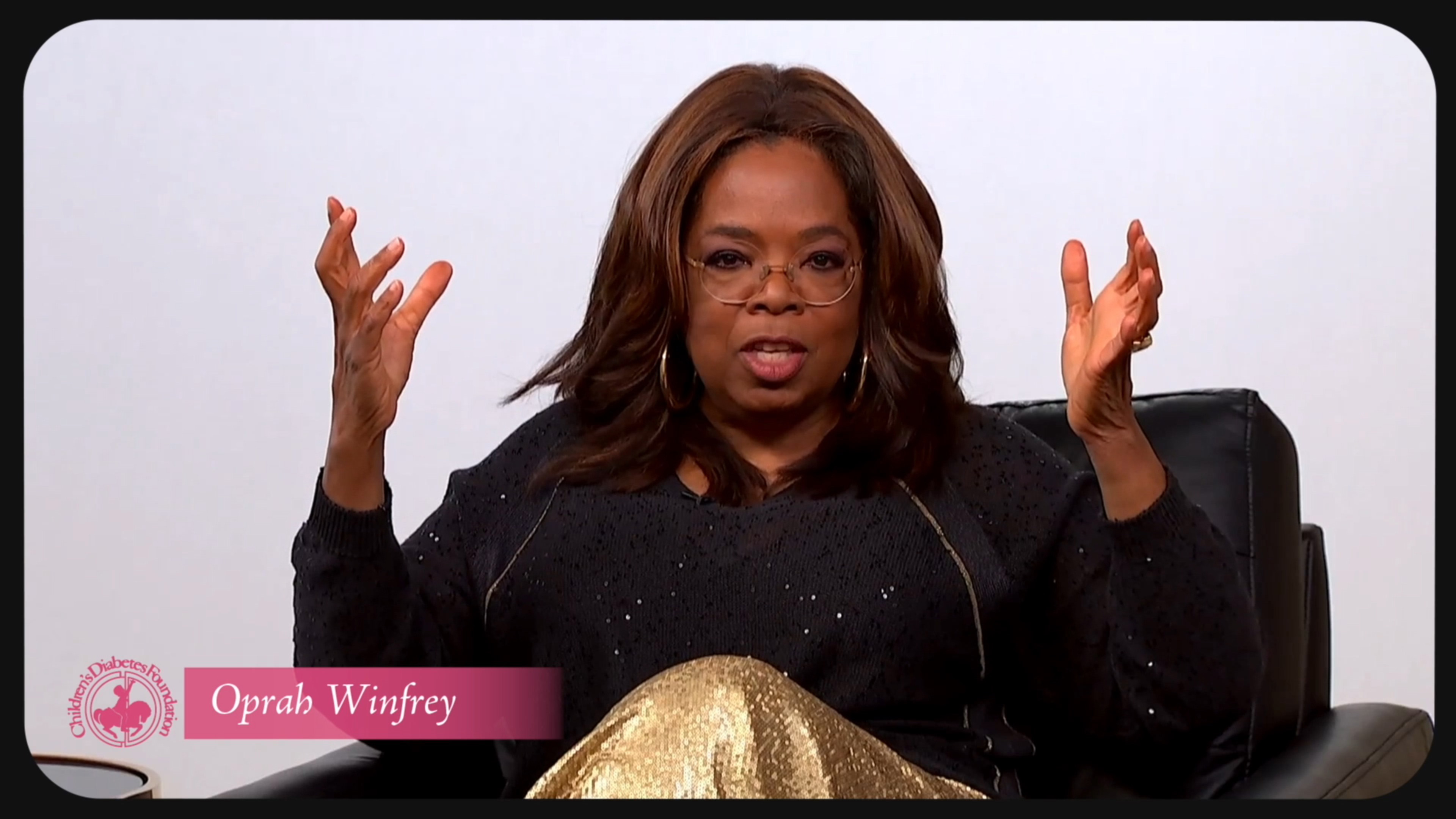 Screengrab of Oprah Winfrey speaking onstage during appearance at benefit for the Children’s Diabetes Foundation