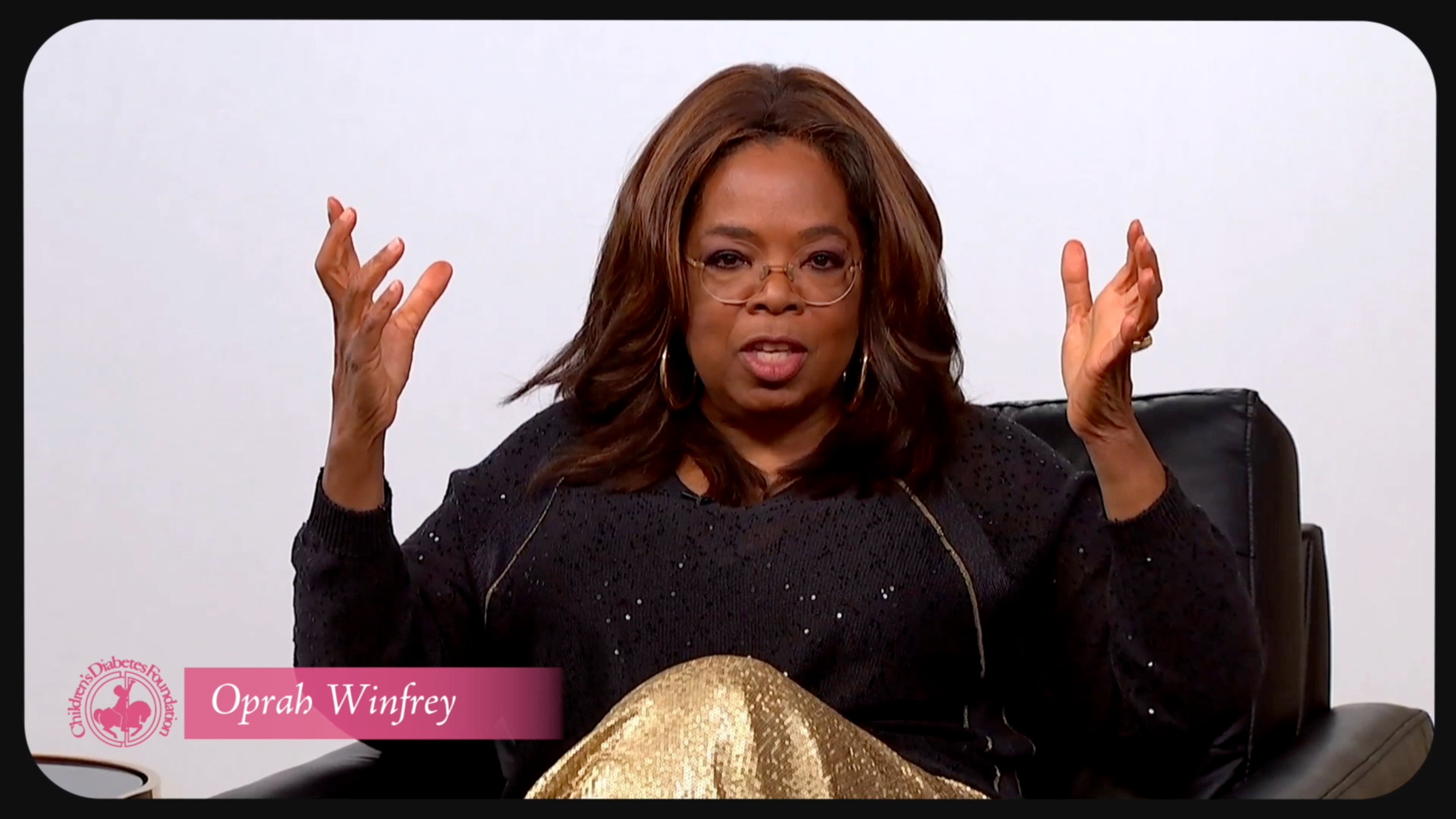 Screengrab of Oprah Winfrey speaking onstage during appearance at benefit for the Children’s Diabetes Foundation