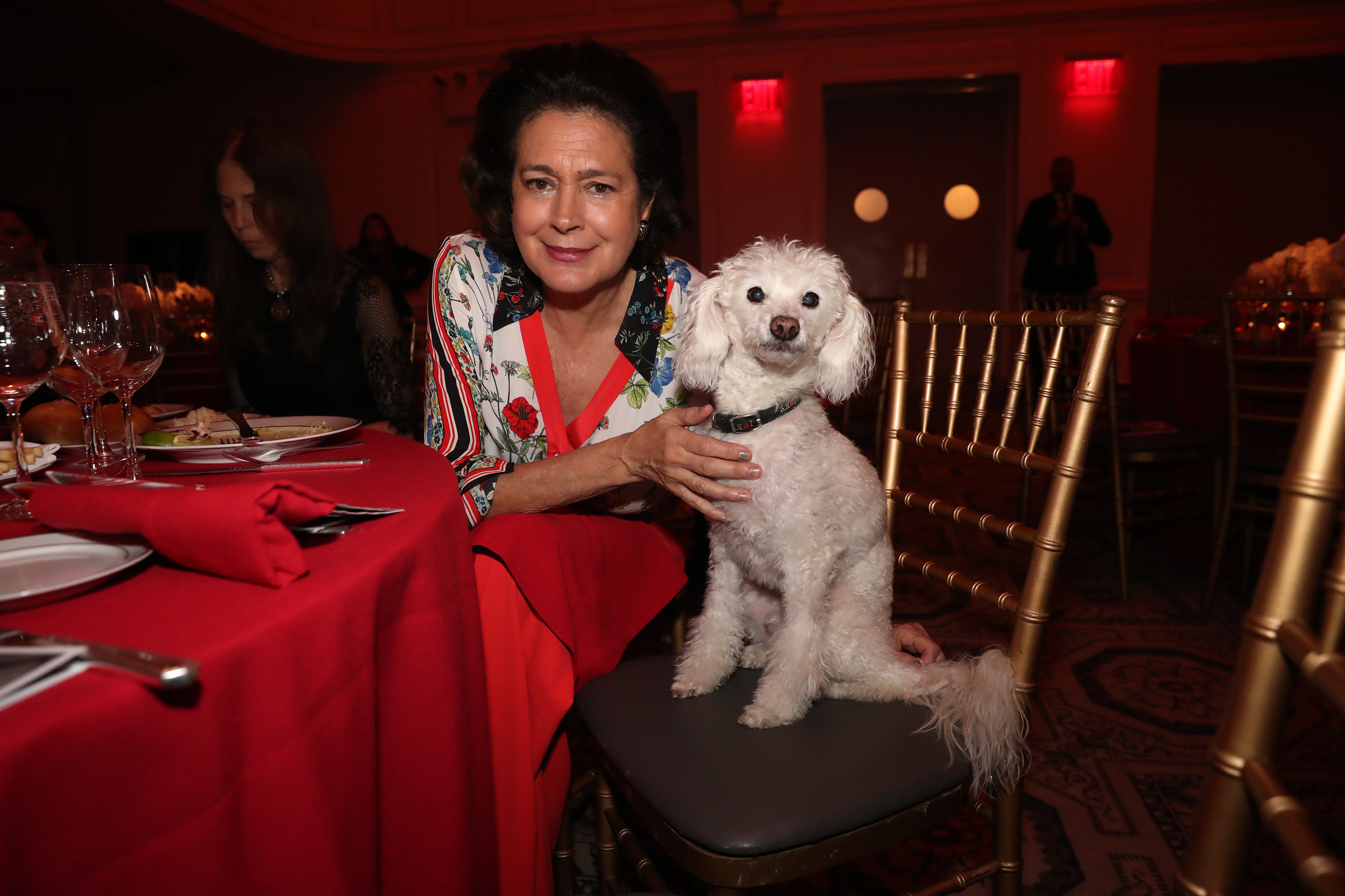 Sean Young with a dog sitting in a chair