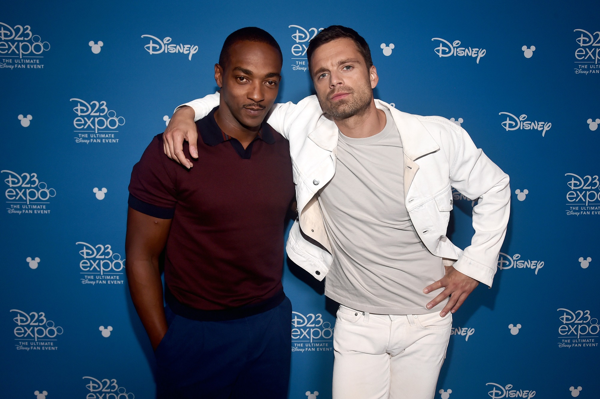Anthony Mackie and Sebastian Stan pose together at Disney’s D23 EXPO 2019