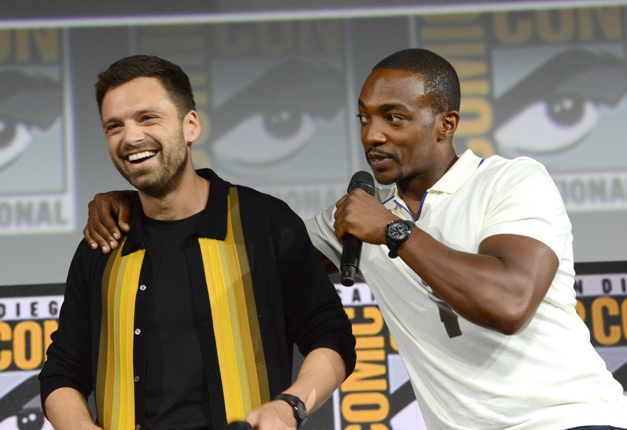 Sebastian Stan and Anthony Mackie speak at the Marvel Studios Panel during 2019 Comic-Con