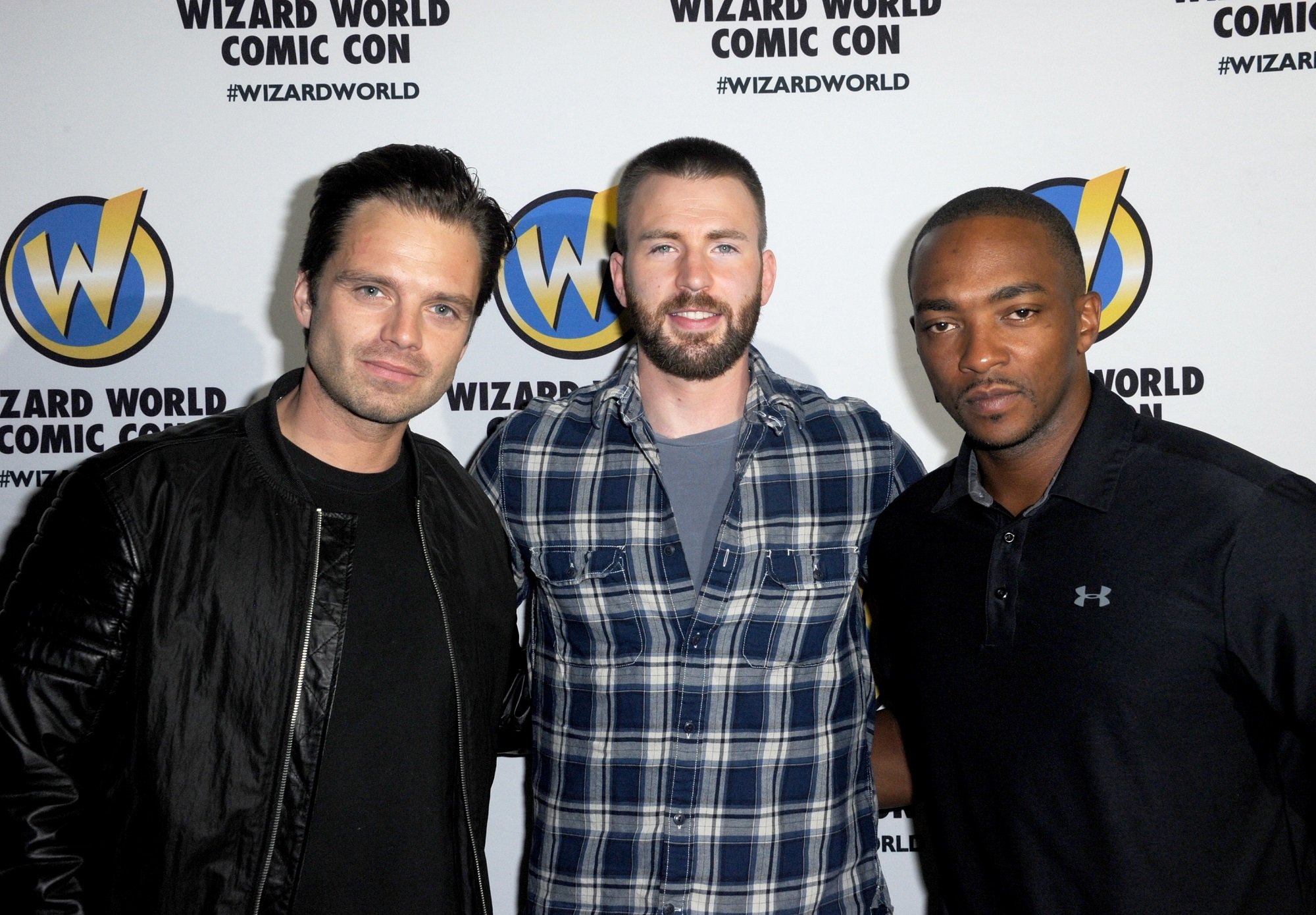 Sebastian Stan, Chris Evans, and Anthony Mackie pose together during day 3 of Wizard World Comic Con Philadelphia 2016