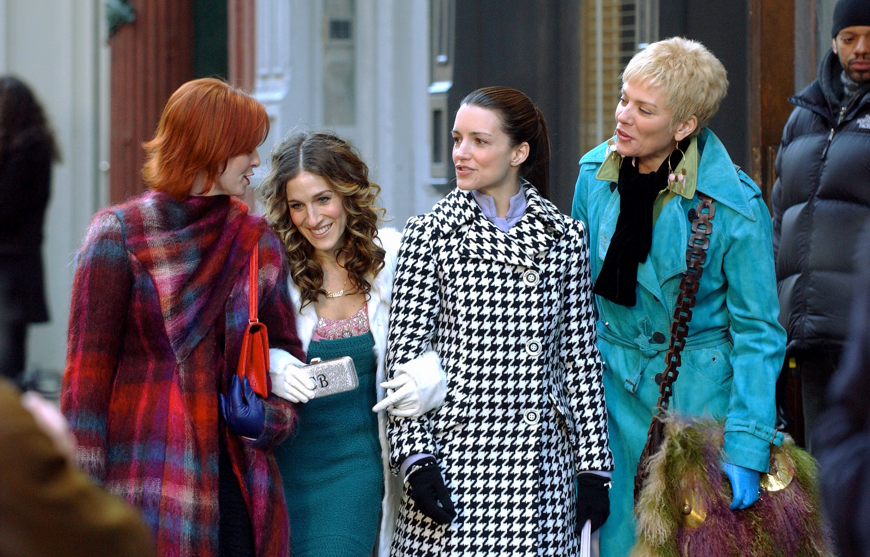 Cynthia Nixon, Sarah Jessica Parker, Kristin Davis and Kim Cattrall walk along Greene Street during silming for 'Sex and the City'