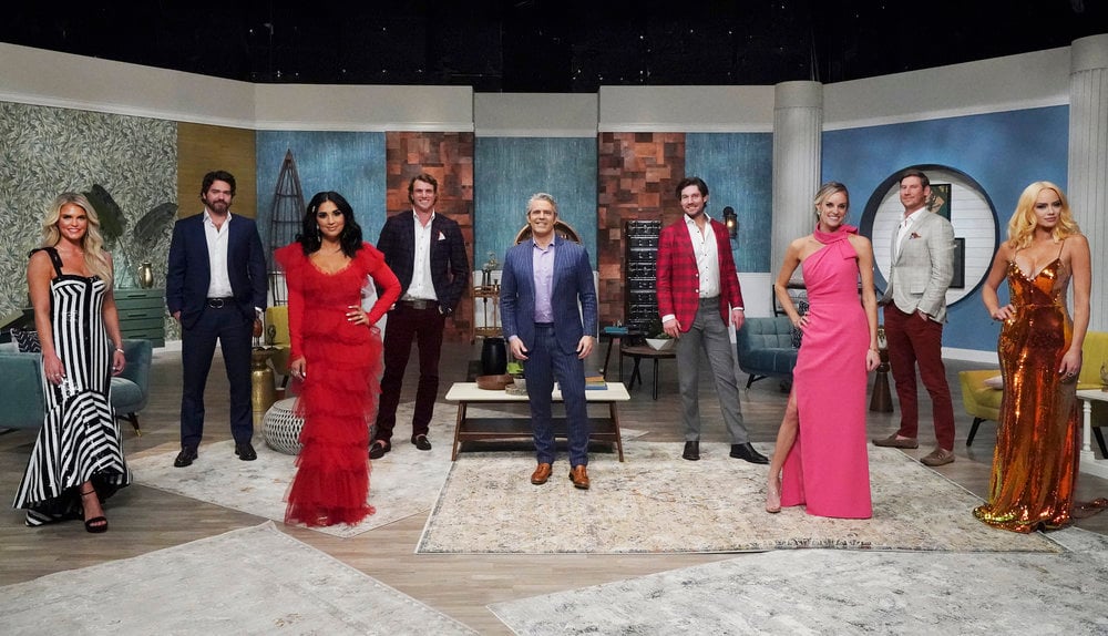 Madison LeCroy, John Pringle, Leva Bonaparte, Shep Rose, Andy Cohen, Craig Conover, Danni Baird, Austen Kroll, Kathryn Dennis during the 'Southern Charm' reunion