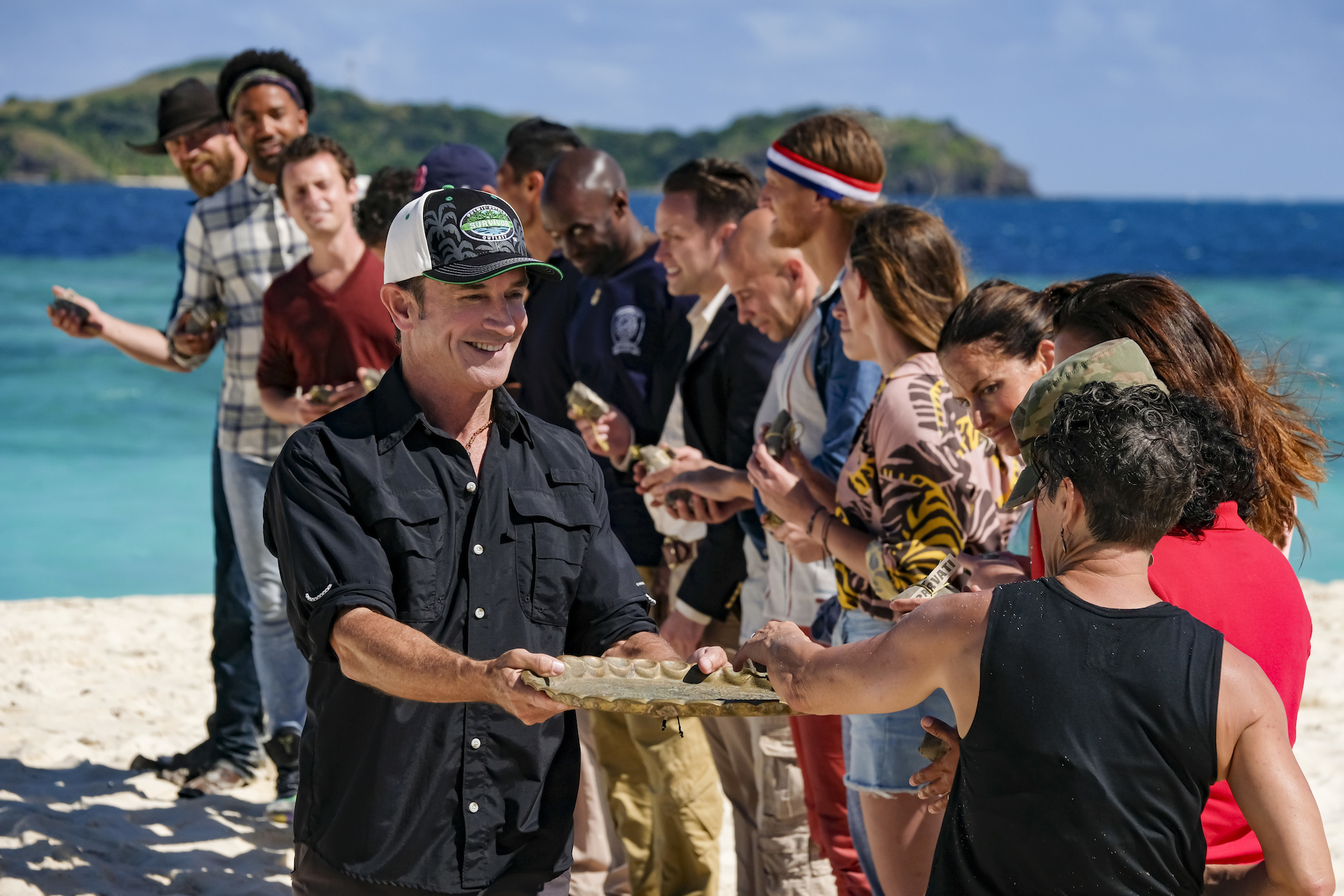 Jeff Probst talking to the contestants on the beach on 'Survivor: Winners at War,' the season prior to 'Survivor' Season 41 