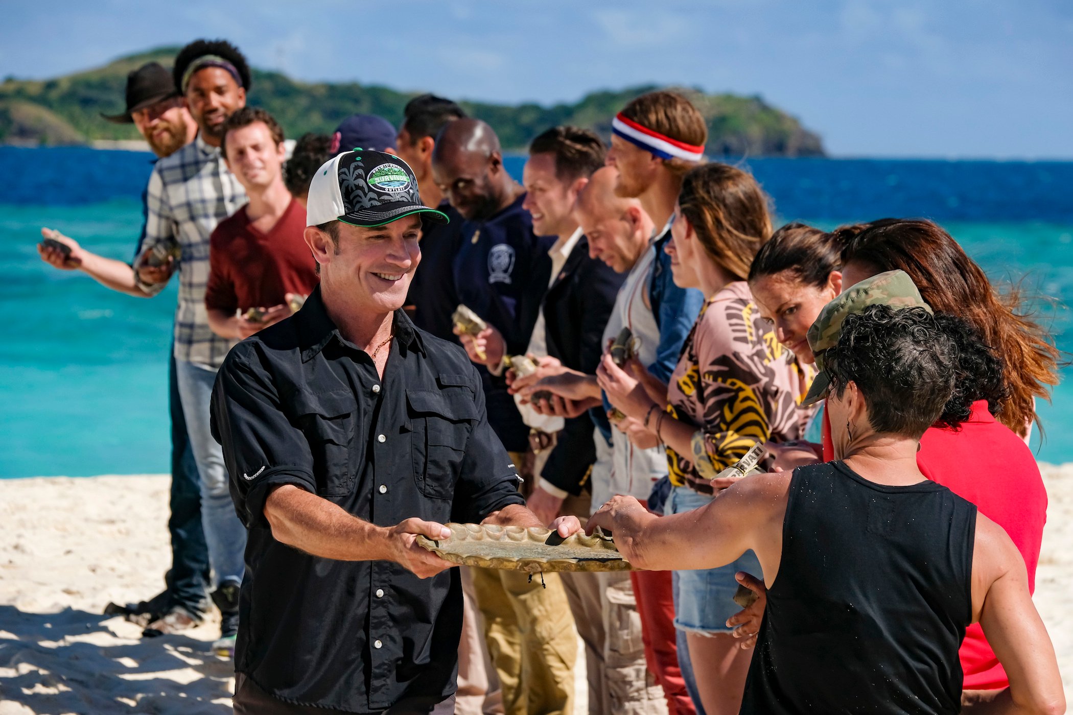 Jeff Probst talking to the contestants on the beach on 'Survivor: Winners at War,' the season prior to 'Survivor' Season 41