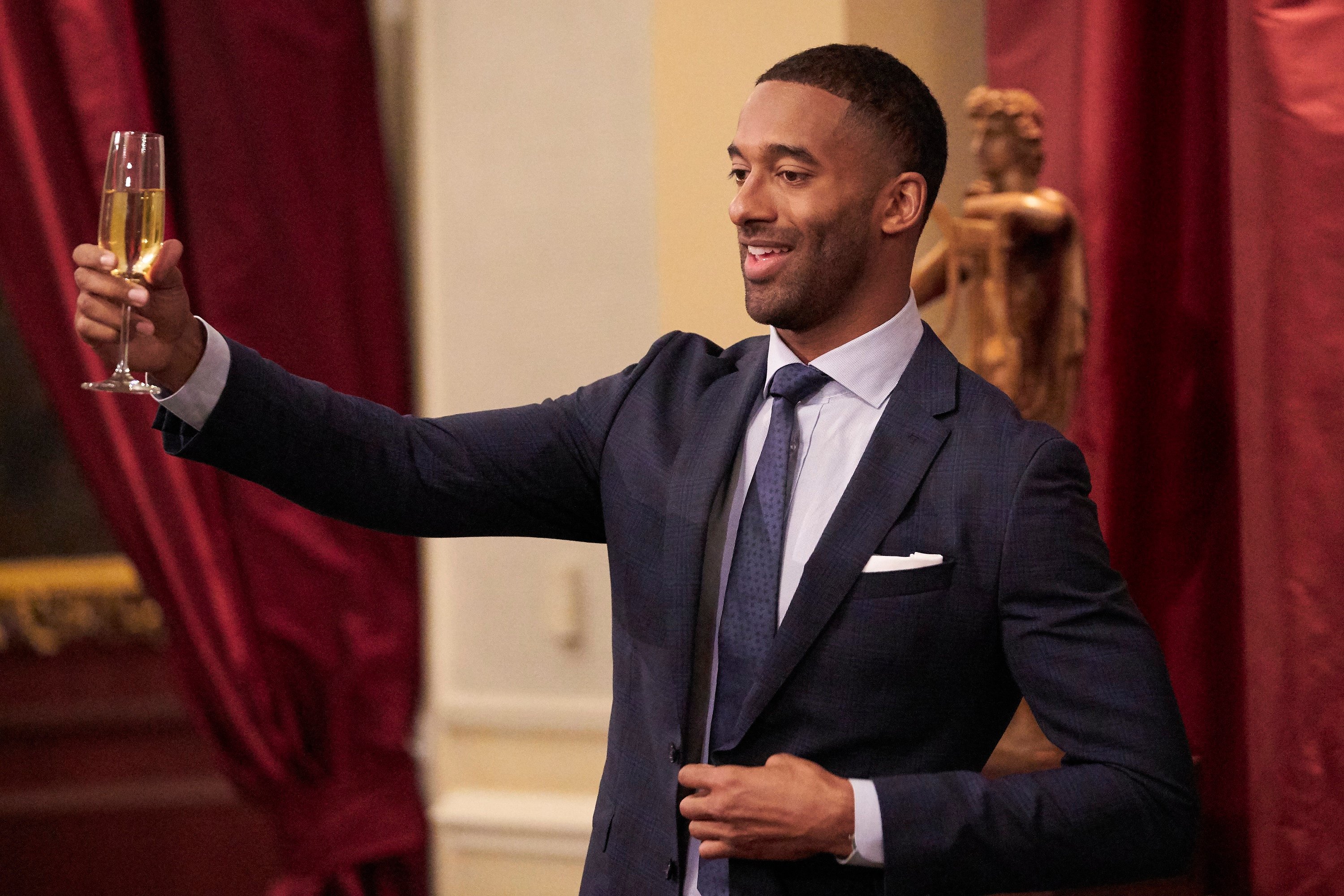 The Bachelor Matt James making a toast to the contestants on his season hoping to get engaged to one of them