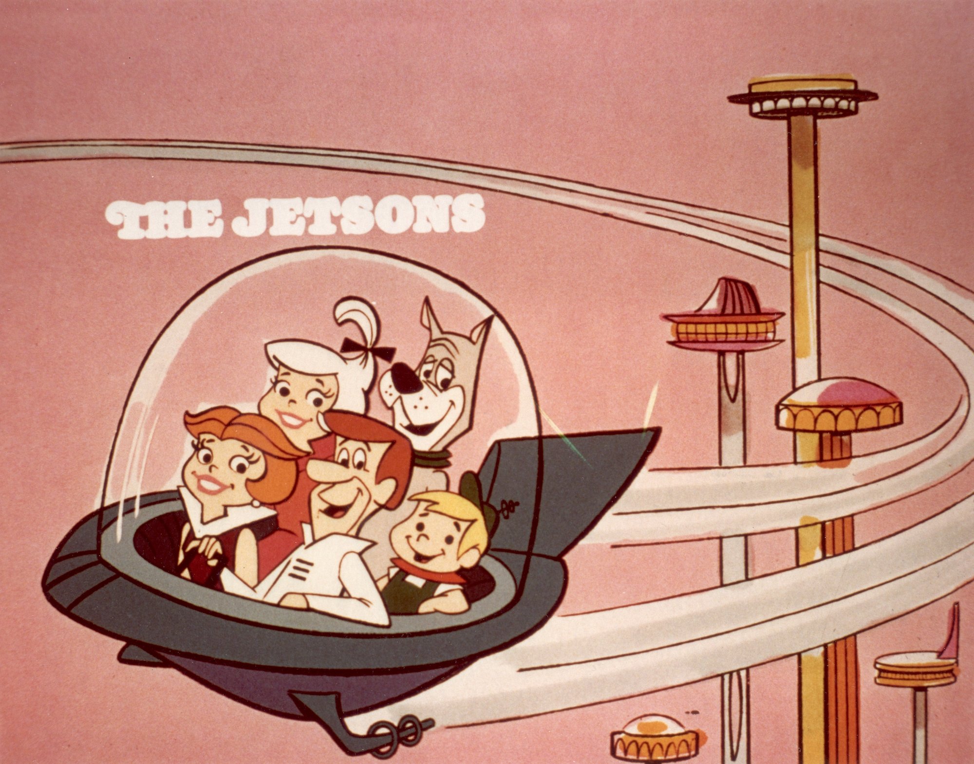 The Jetsons poster will the cast in a flying car