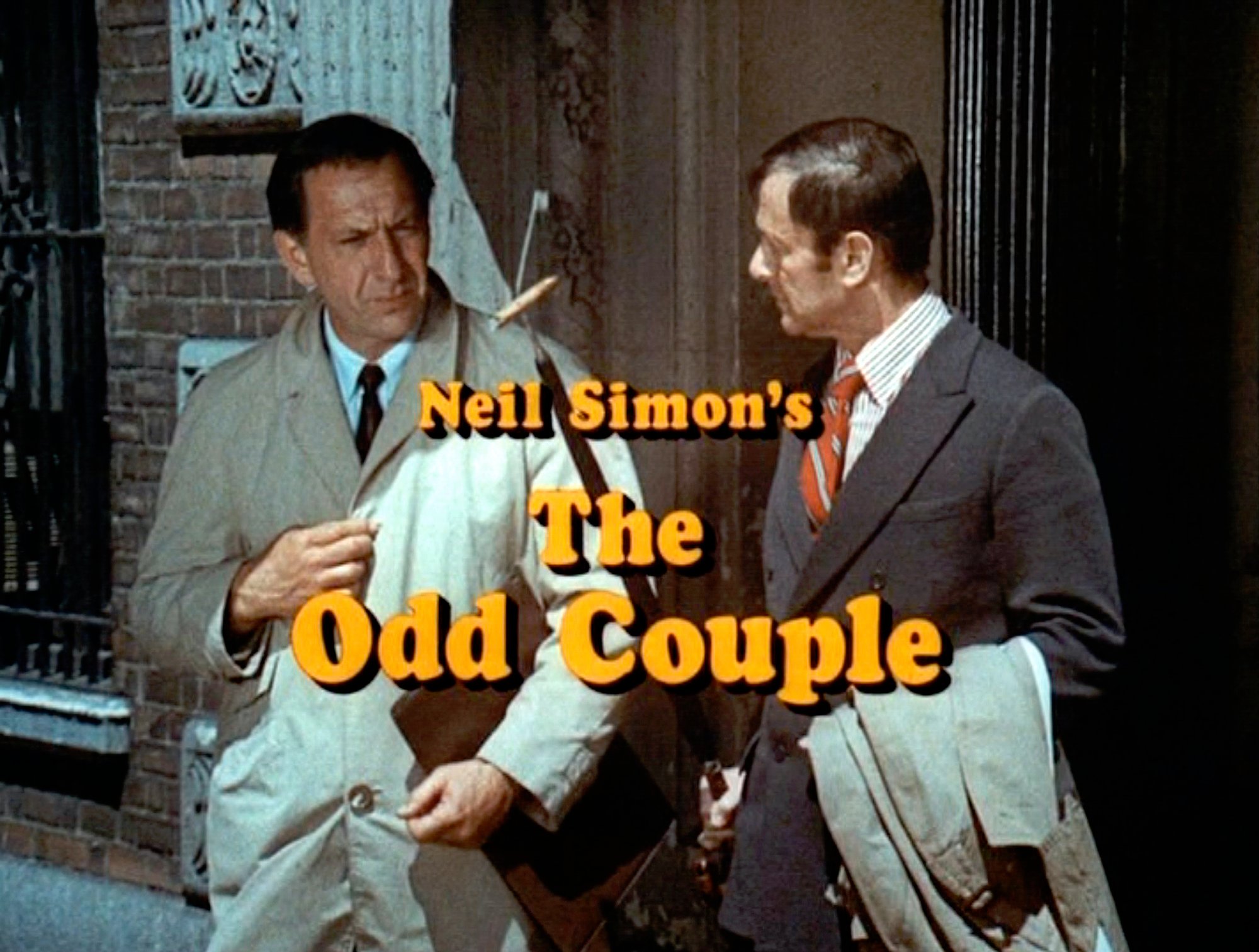 (L-R) Jack Klugman as Oscar Madison and Tony Randall as Felix Unger with 'The Odd Couple' title overlaid