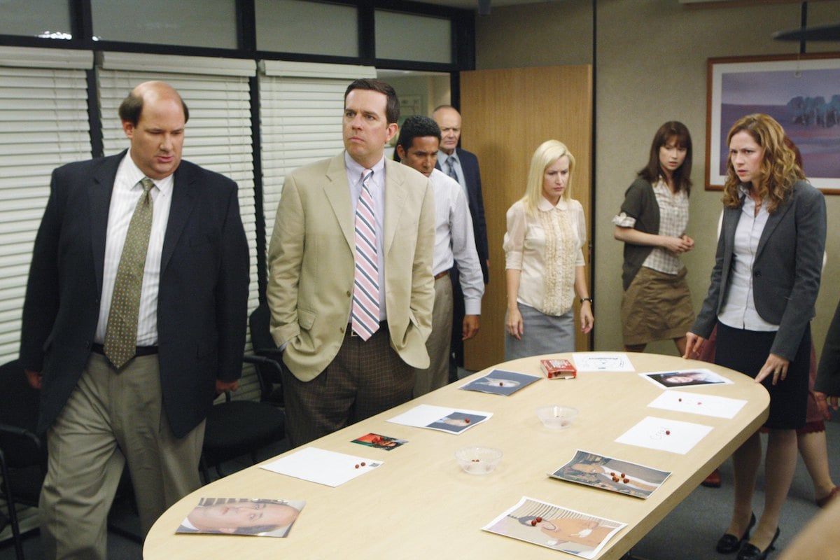 'The Office' cast including Brian Baumgartner as Kevin Malone, Ed Helms as Andy Bernard, Oscar Nunez as Oscar Martinez, Creed Bratton as Creed Bratton, Angela Kinsey as Angela Martin, Ellie Kemper as Kelly Erin Hannon, Jenna Fischer as Pam Beesly 