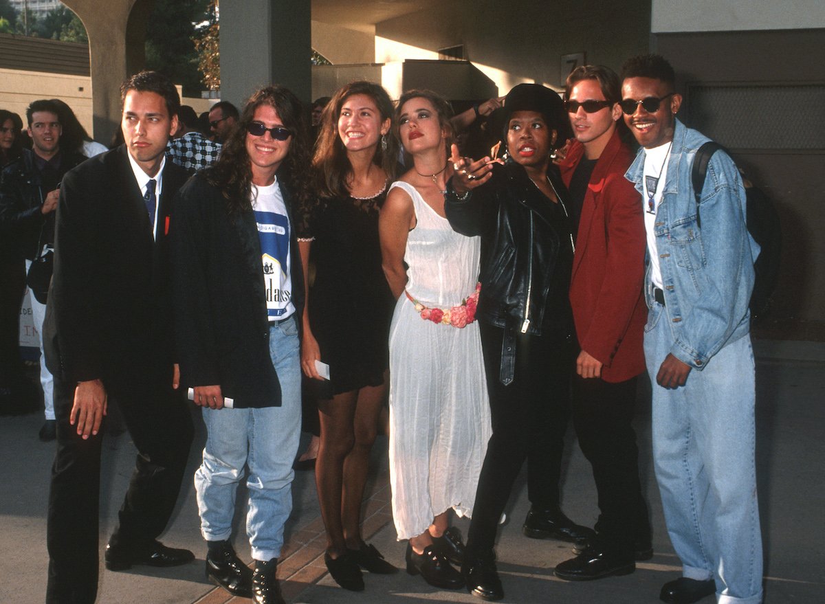 Norman Korpi, Andre Comeau, Julie Oliver, Rebecca Blasband, Heather B., Eric Nies and Kevin Powell of The Real World New York Cast attend the 1992 MTV Video Music Awards