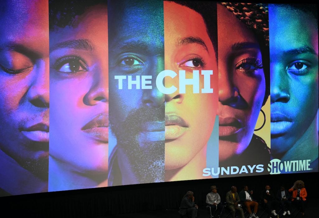 The cast and crew of ‘The Chi’ including Elvis Mitchell, Lena Waithe, Ntare Guma Mbaho Mwine, Jason Mitchell, Jacob Latimore, Alex R. Hibbert, and Yolonda Ross at an event in April 2019 in Hollywood, California