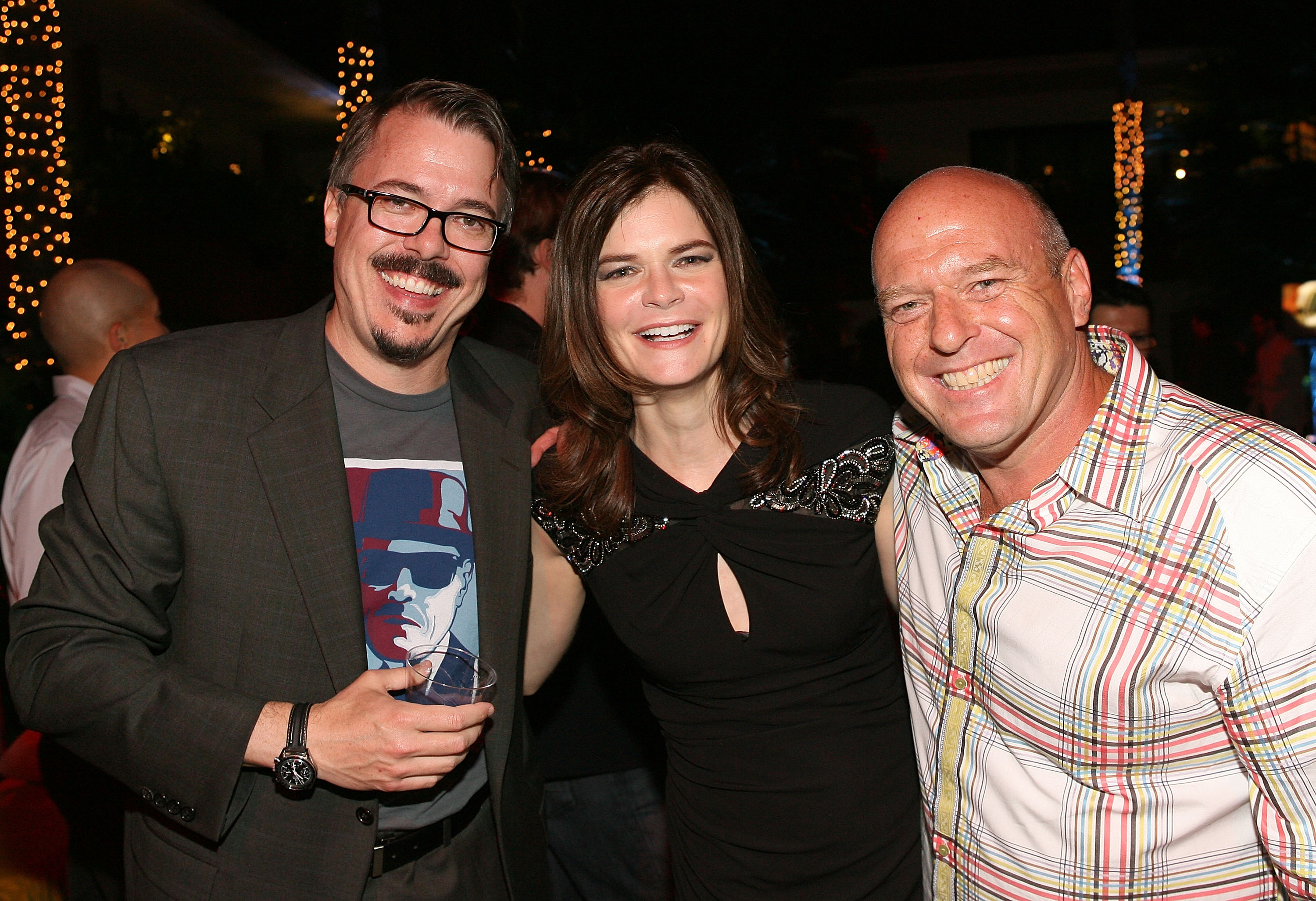 Vince Gilligan with arm around Dean Norris and Betsy Brandt