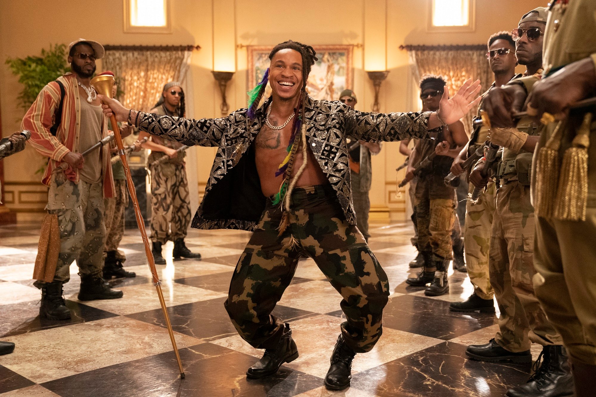 Rotimi performs a Zamundan dance in Coming 2 America