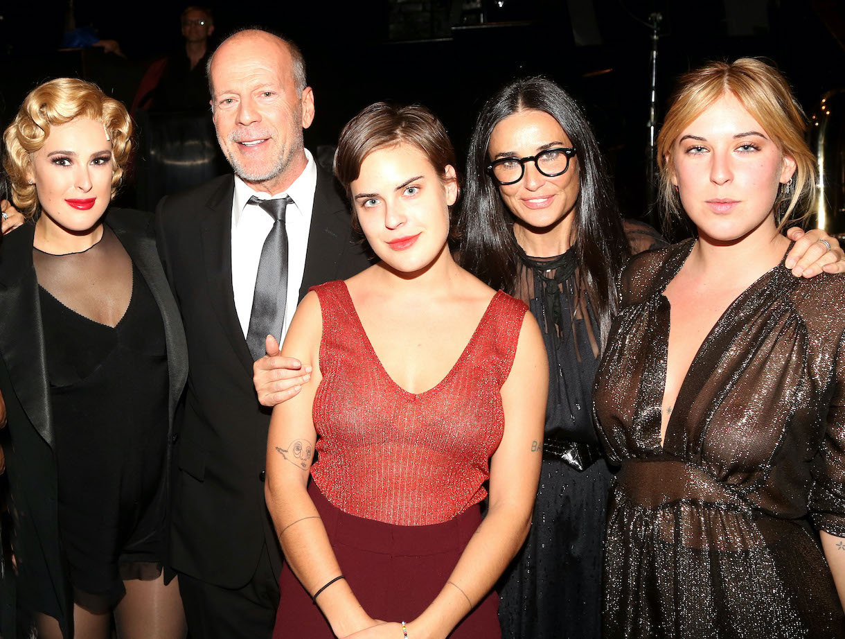 Rumer Willis, father Bruce Willis, sister Tallulah Belle Willis, mother Demi Moore and sister Scout LaRue Willis pose backstage as Rumer makes her broadway debut as "Roxie Hart" in Broadway's "Chicago" on Broadway at The Ambassador Theater on September 21, 2015 in New York City