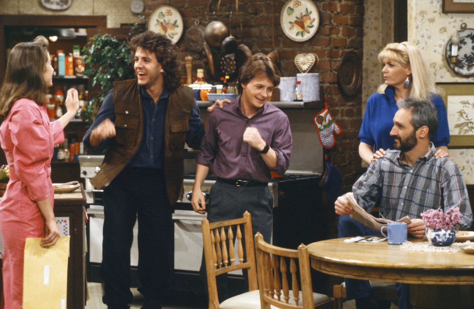 Justine Bateman as Mallory Keaton, Scott Valentine as Nick Moore, Michael J. Fox as Alex P. Keaton, Meredith Baxter as Elyse Keaton, Michael Gross as Steven Keaton