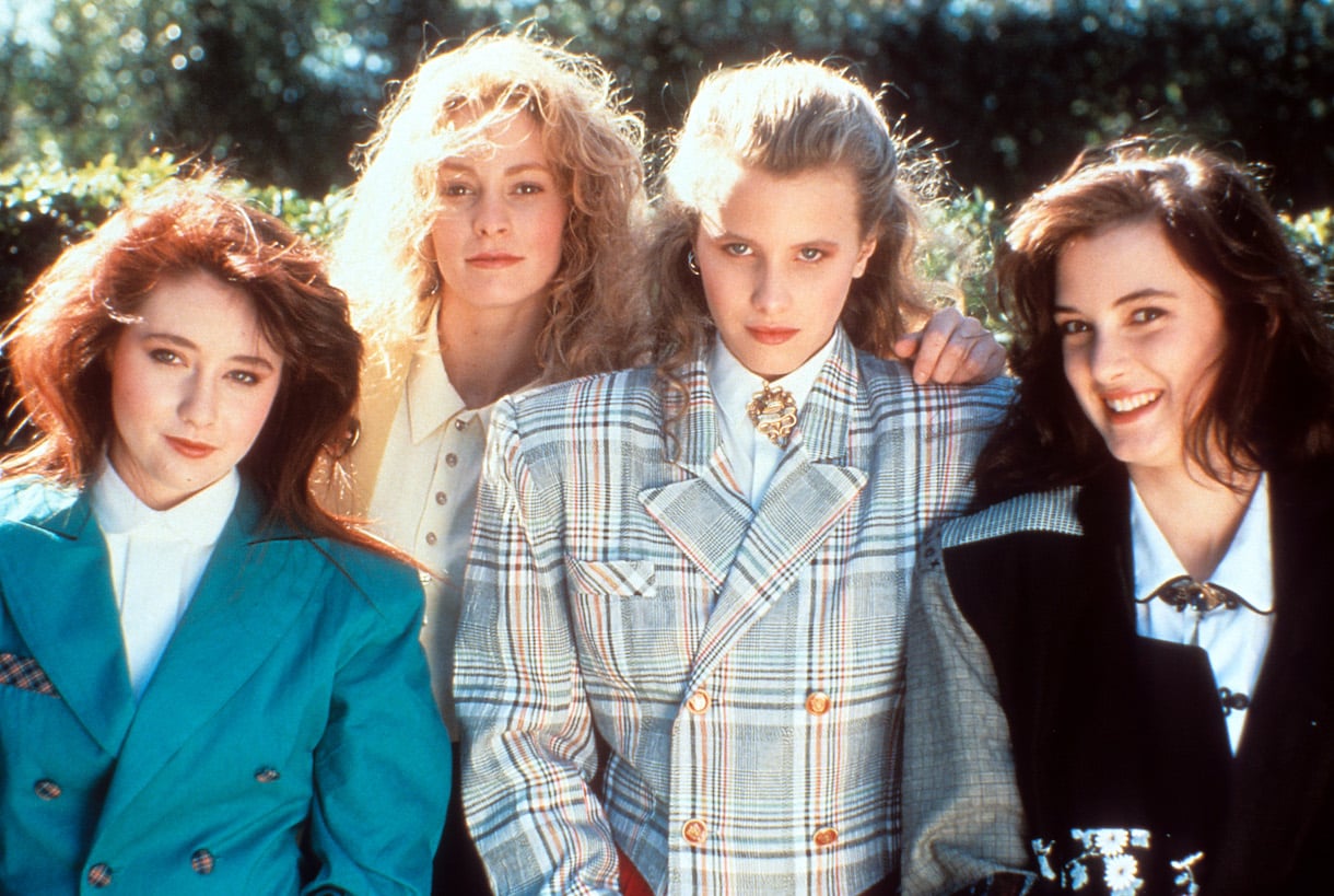 From left to right, Shannen Doherty, Lisanne Falk, Kim Walker and Winona Ryder on set of the film 'Heathers', 1988