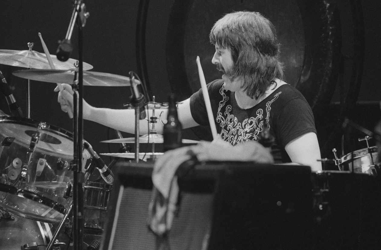John Bonham playing drums on stage in 1975
