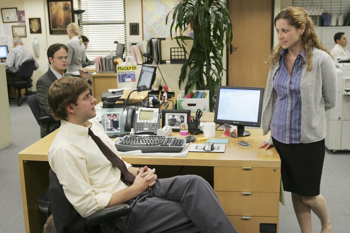 Rainn Wilson as Dwight Schrute, John Krasinski as Jim Halpert and Jenna Fischer as Pam Beesly